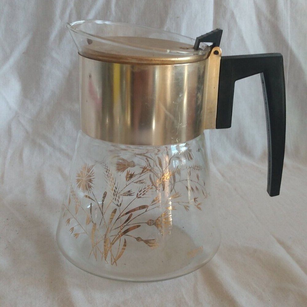 Vintage David Douglas Flameproof Coffee Tea Carafe Pot 6 Cup Gold Wheat